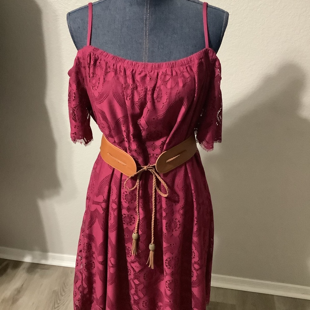 No Comment Dark Pink Tunic Lace Off the Shoulder Dress Women's Plus Size 2XL
